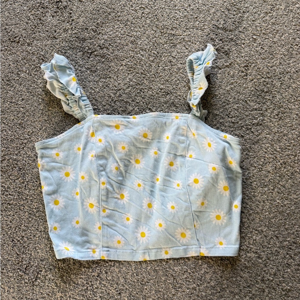 Altar'd State Daisy Print Ruffle Strap Crop Top - Light Blue